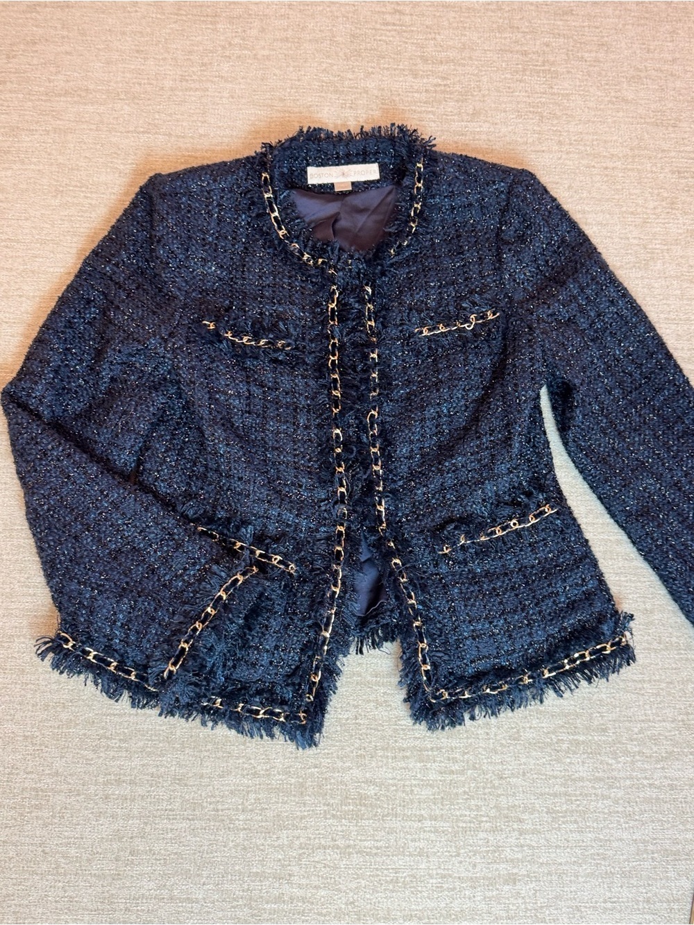 Boston Proper Parisian Navy Tweed Chain-Trim Collarless Blazer